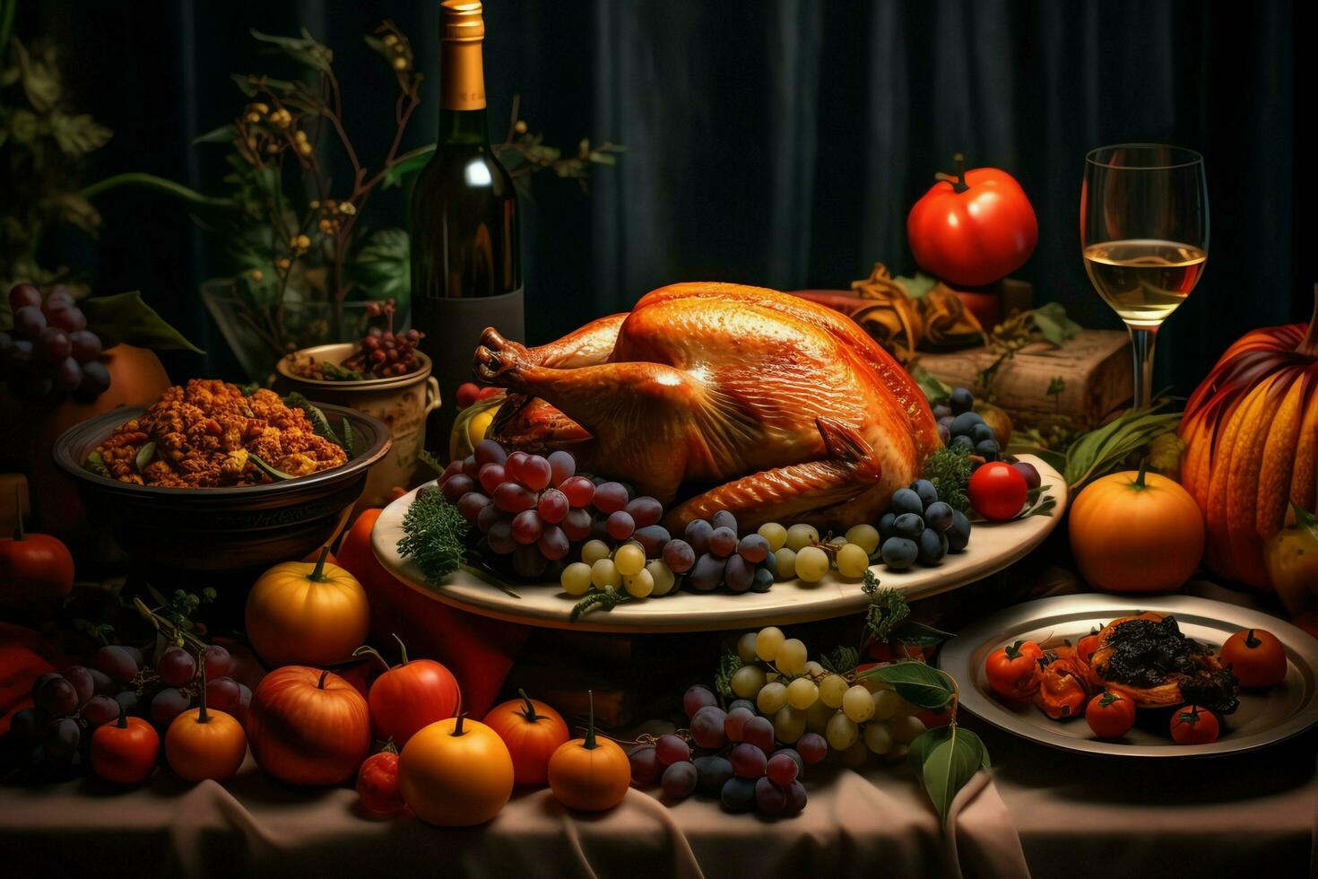 Thanksgiving day or autumn composition with pumpkin, oranges, leaves or chicken. Thanksgiving food concept by AI Generated photo