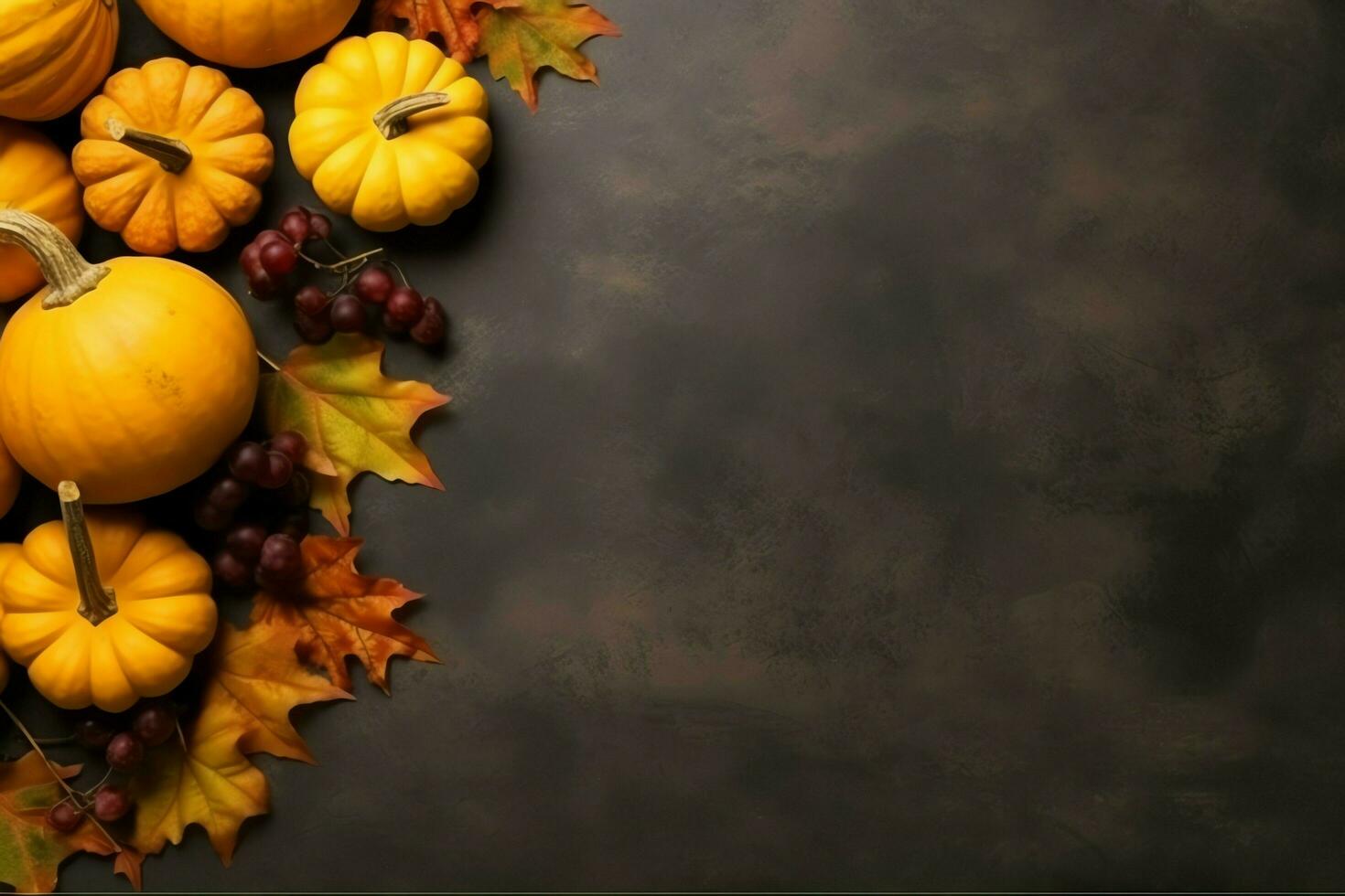 Thanksgiving day or autumn composition with pumpkin, oranges, leaves or chicken. Thanksgiving food concept by AI Generated photo