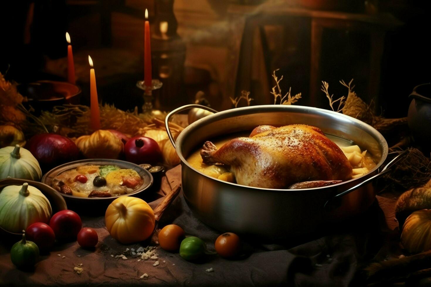 Thanksgiving day or autumn composition with pumpkin, oranges, leaves or chicken. Thanksgiving food concept by AI Generated photo