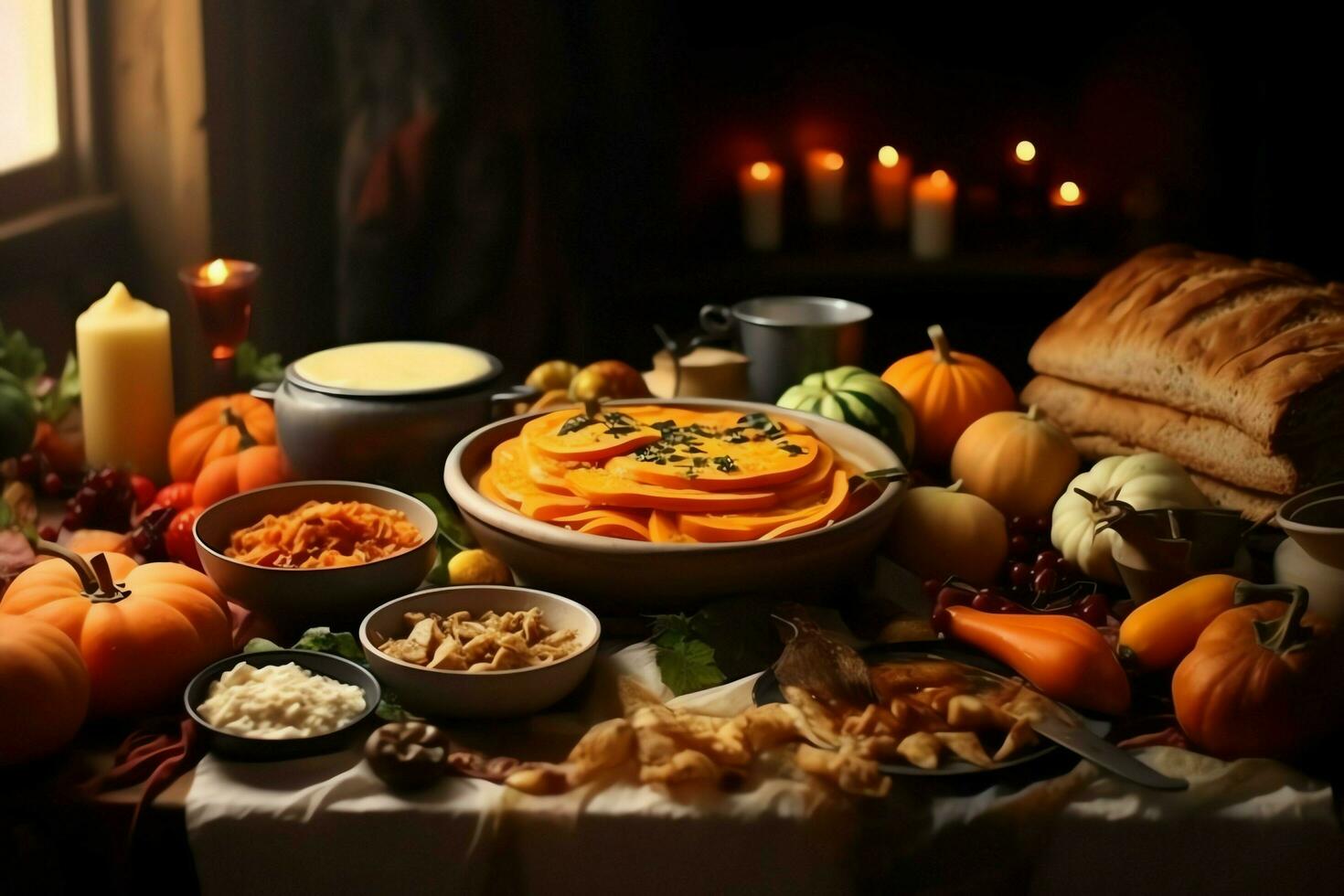 Thanksgiving day or autumn composition with pumpkin, oranges, leaves or chicken. Thanksgiving food concept by AI Generated photo