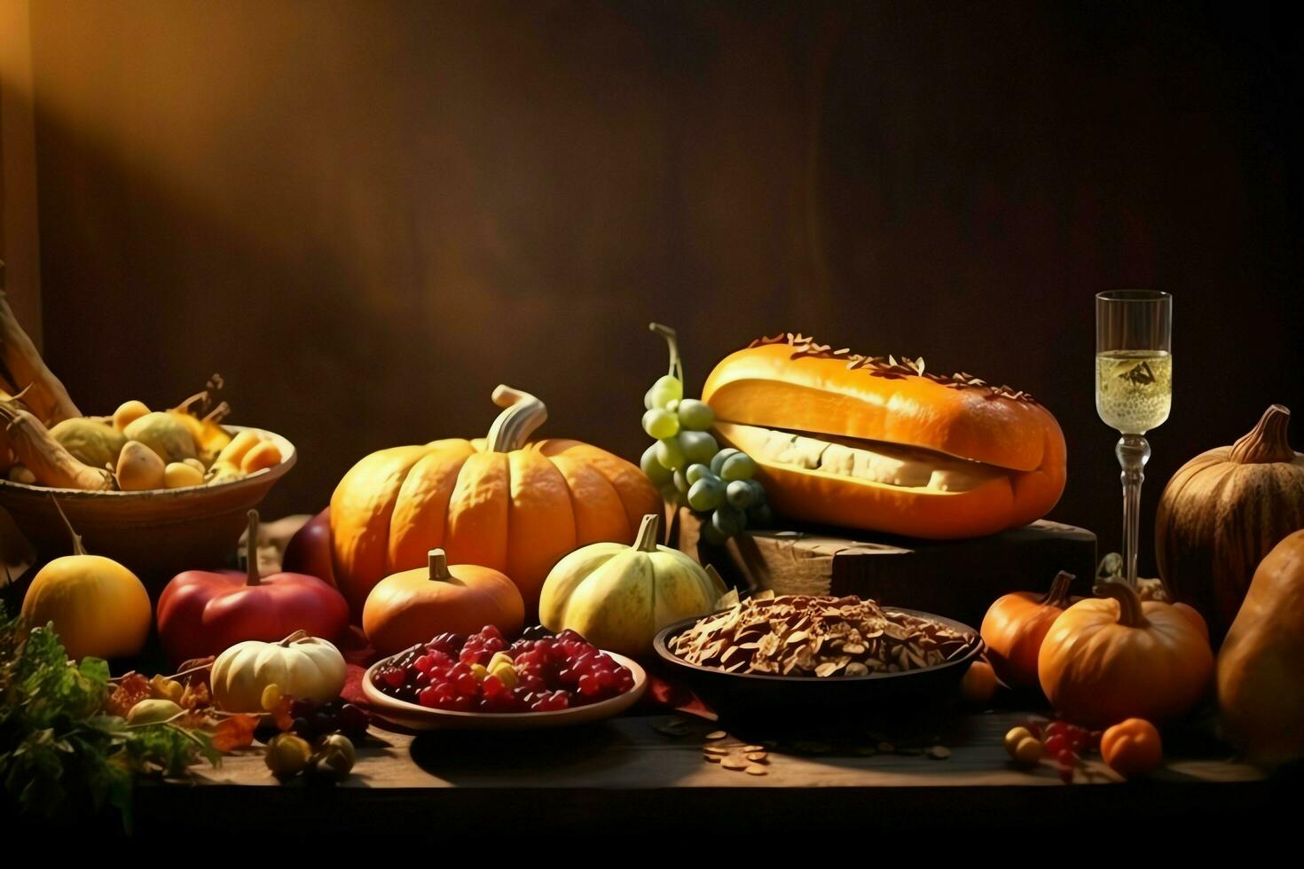 Thanksgiving day or autumn composition with pumpkin, oranges, leaves or chicken. Thanksgiving food concept by AI Generated photo
