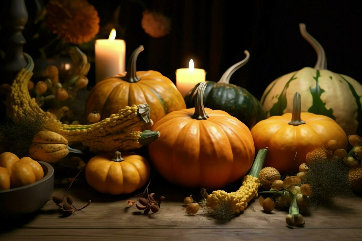 Thanksgiving day or autumn composition with pumpkin, oranges, leaves or chicken. Thanksgiving food concept by AI Generated photo