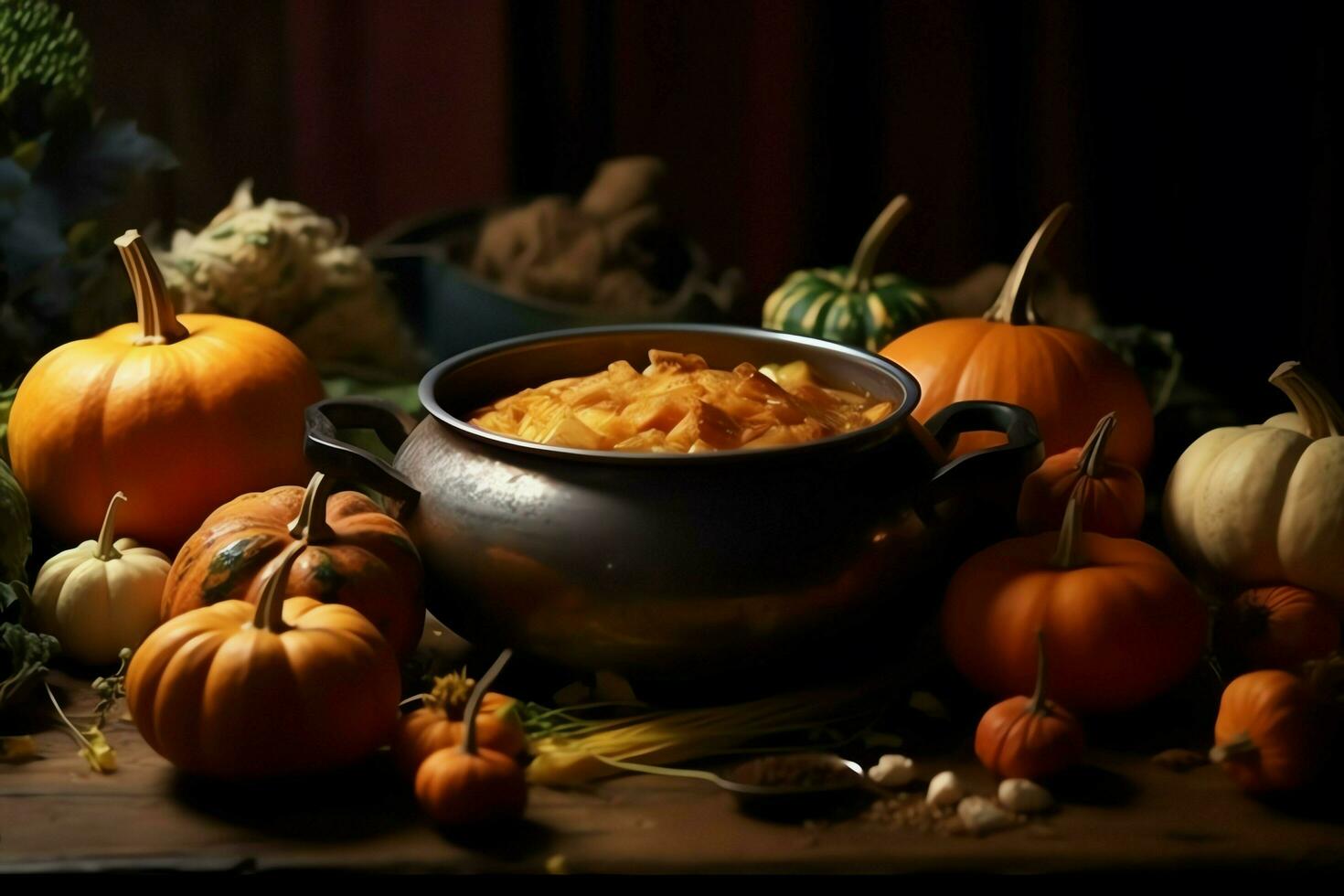 Thanksgiving day or autumn composition with pumpkin, oranges, leaves or chicken. Thanksgiving food concept by AI Generated photo