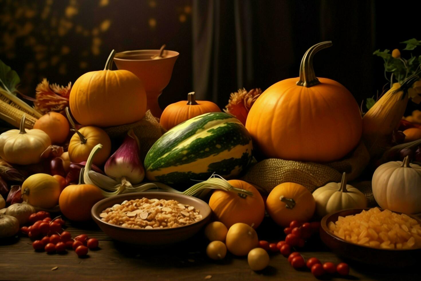 Thanksgiving day or autumn composition with pumpkin, oranges, leaves or chicken. Thanksgiving food concept by AI Generated photo