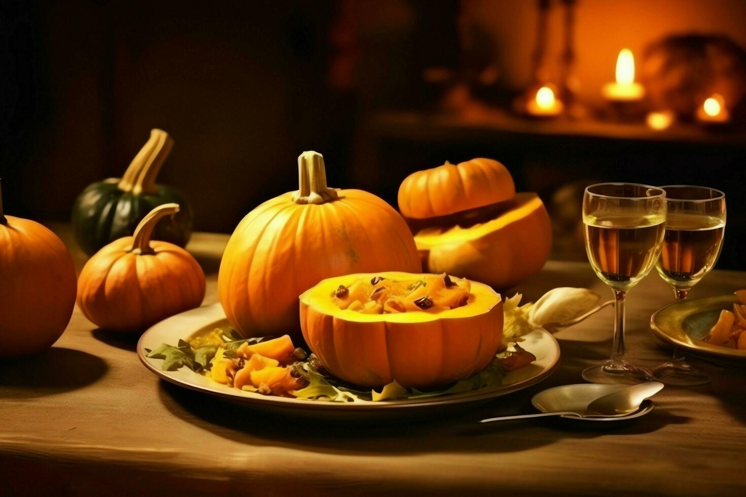 Thanksgiving day or autumn composition with pumpkin, oranges, leaves or chicken. Thanksgiving food concept by AI Generated photo