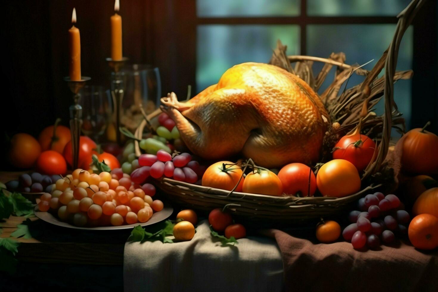 Thanksgiving day or autumn composition with pumpkin, oranges, leaves or chicken. Thanksgiving food concept by AI Generated photo