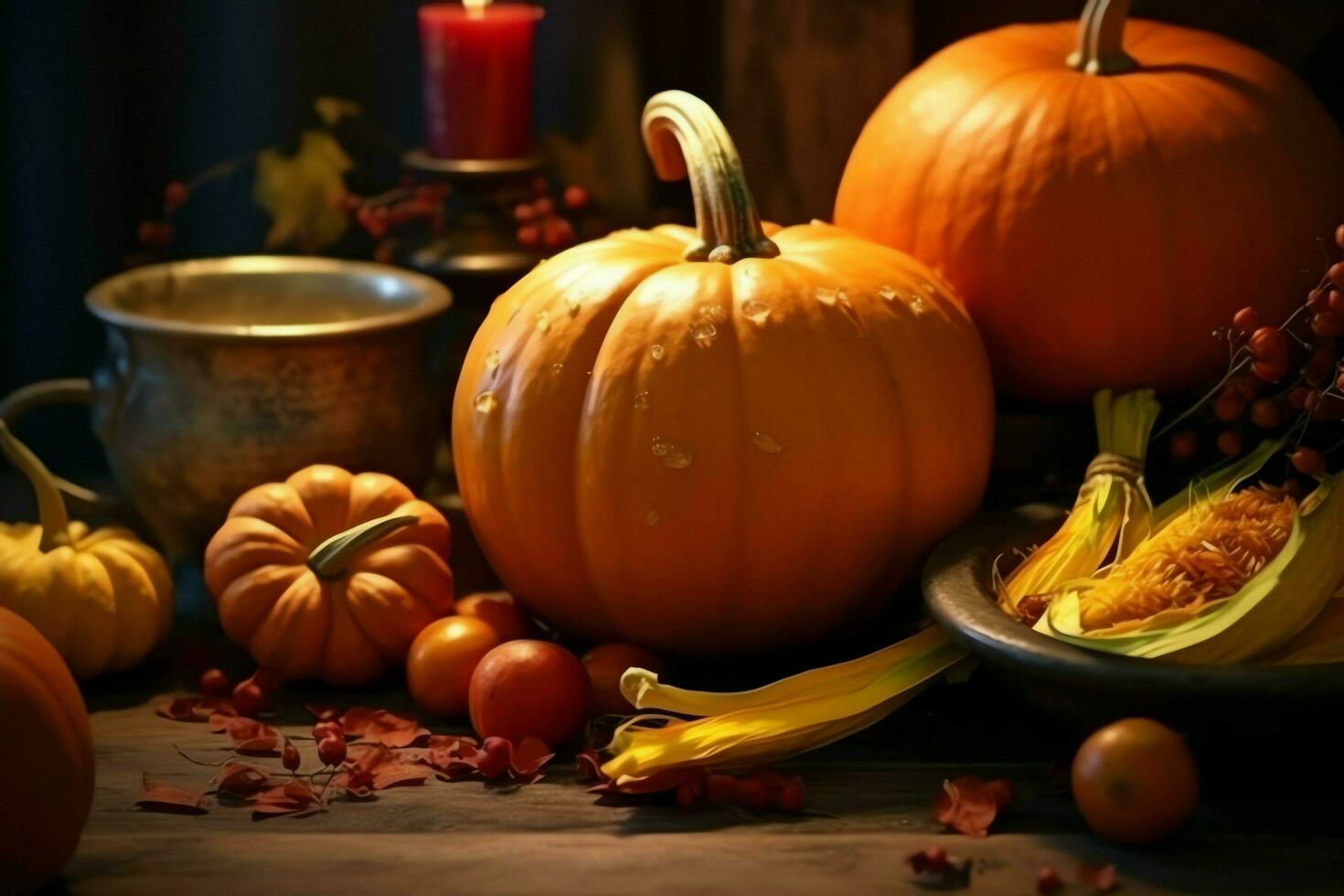 Thanksgiving day or autumn composition with pumpkin, oranges, leaves or chicken. Thanksgiving food concept by AI Generated photo