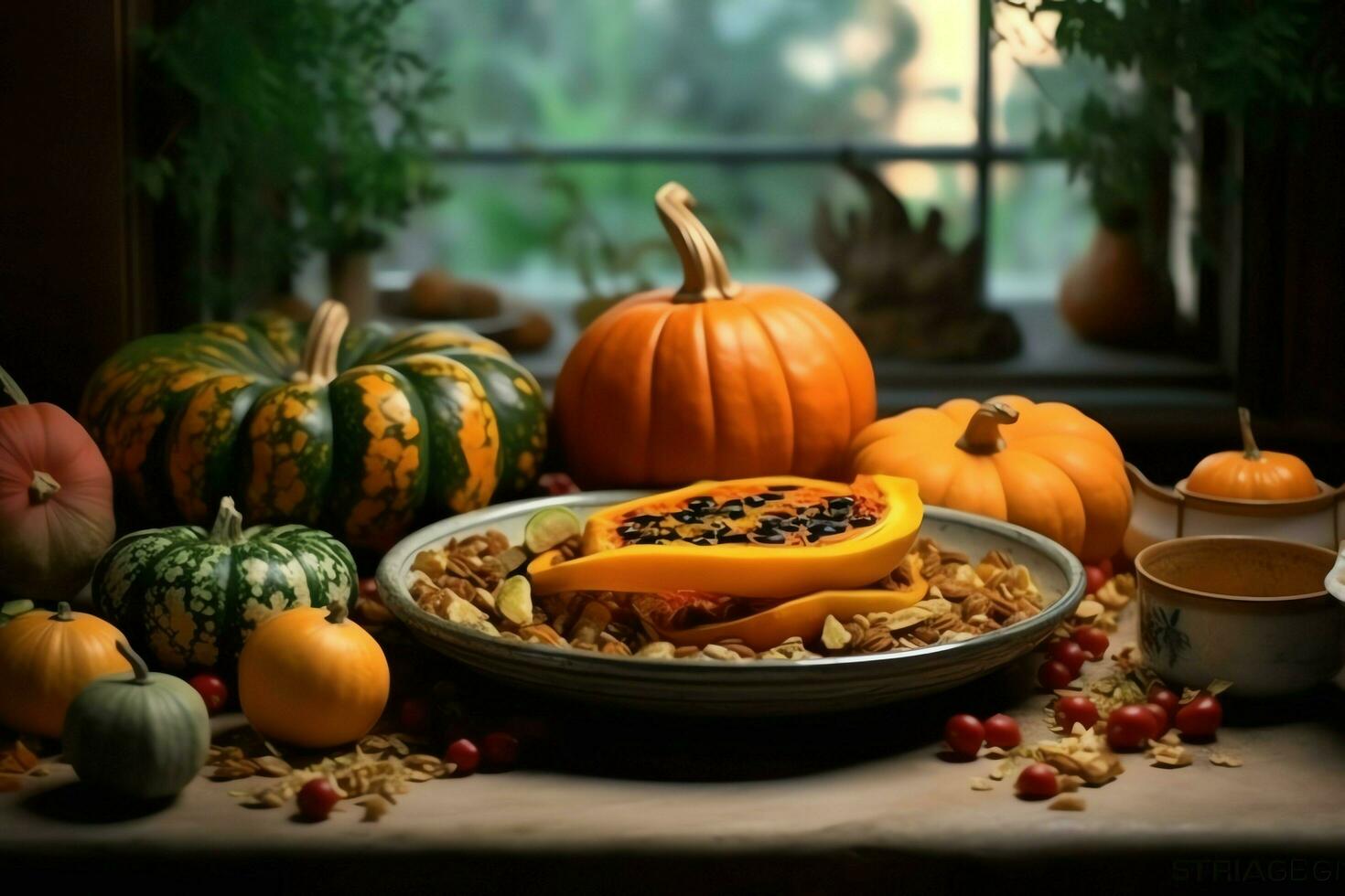 acción de gracias día o otoño composición con calabaza, naranjas, hojas o pollo. acción de gracias comida concepto por ai generado foto