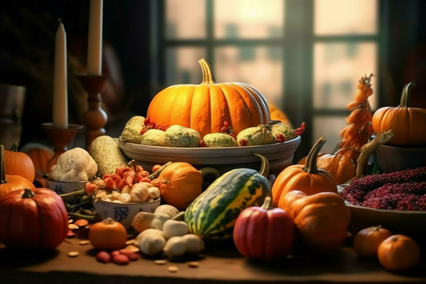 Thanksgiving day or autumn composition with pumpkin, oranges, leaves or chicken. Thanksgiving food concept by AI Generated photo