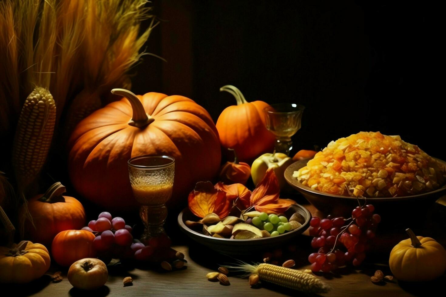 Thanksgiving day or autumn composition with pumpkin, oranges, leaves or chicken. Thanksgiving food concept by AI Generated photo