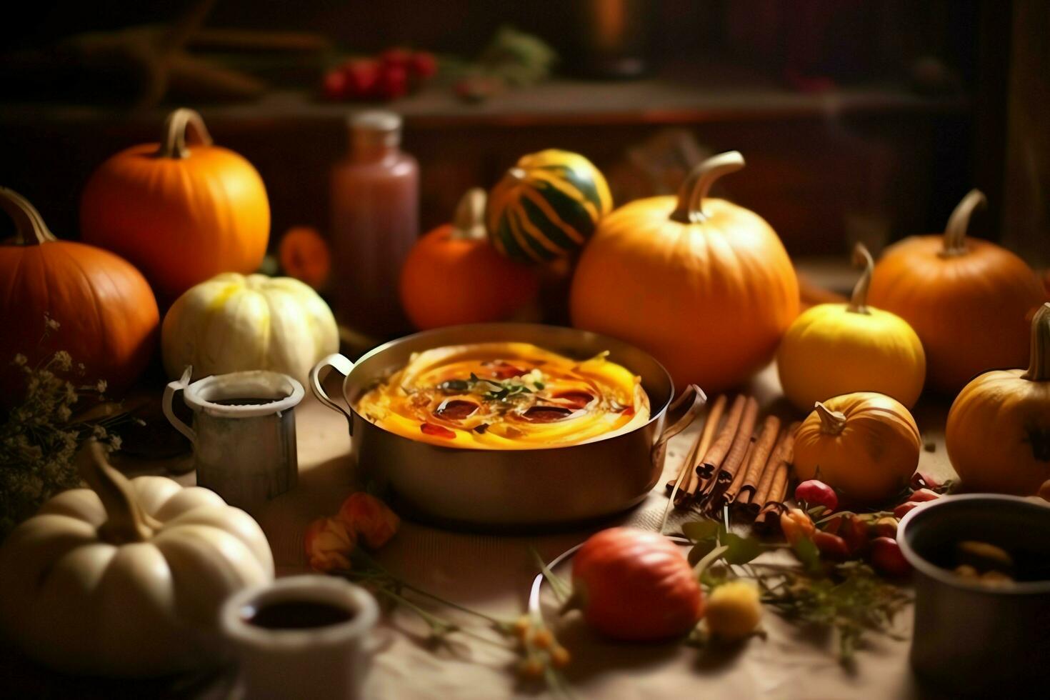 Thanksgiving day or autumn composition with pumpkin, oranges, leaves or chicken. Thanksgiving food concept by AI Generated photo