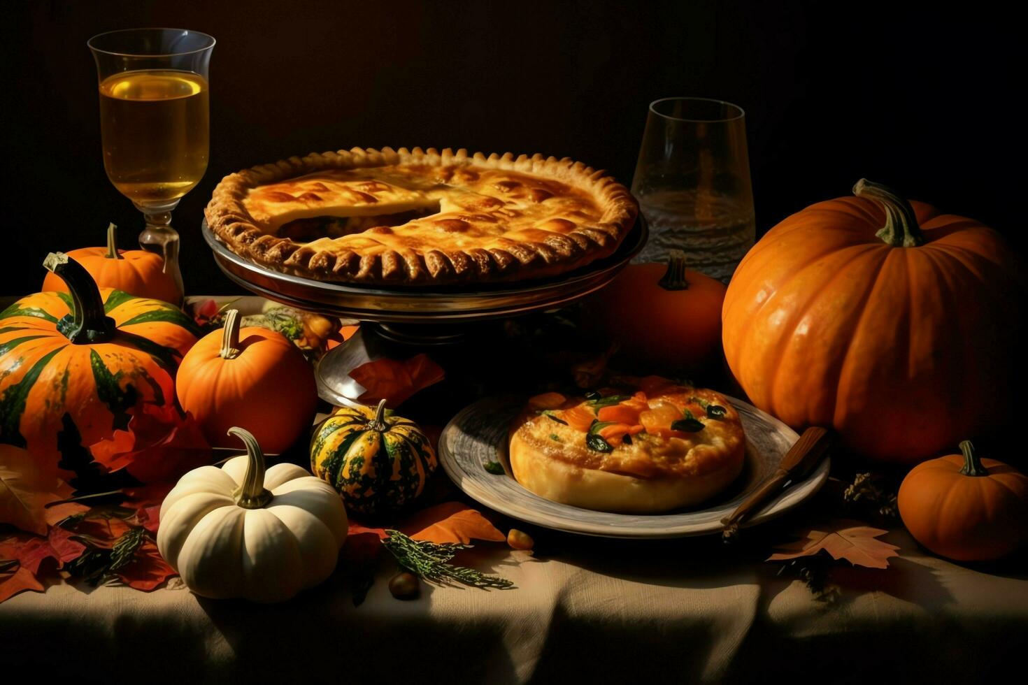 Thanksgiving day or autumn composition with pumpkin, oranges, leaves or chicken. Thanksgiving food concept by AI Generated photo