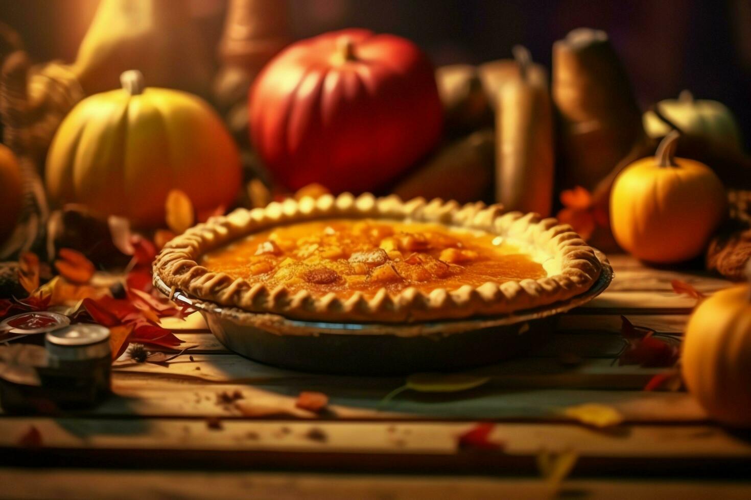 Thanksgiving day or autumn composition with pumpkin, oranges, leaves or chicken. Thanksgiving food concept by AI Generated photo