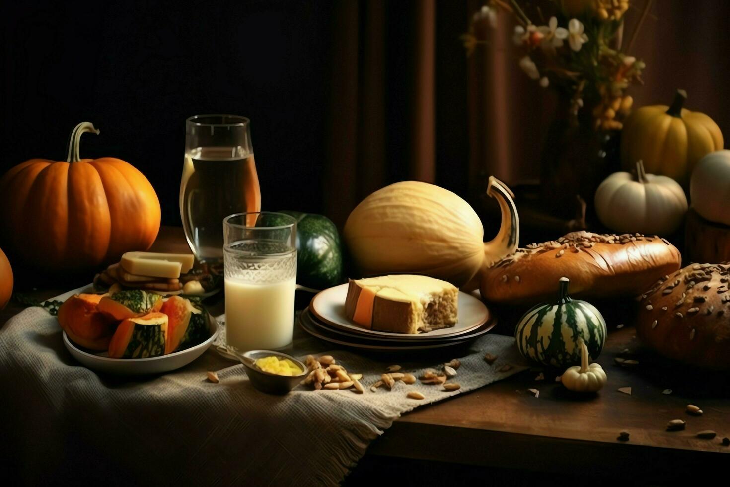 acción de gracias día o otoño composición con calabaza, naranjas, hojas o pollo. acción de gracias comida concepto por ai generado foto