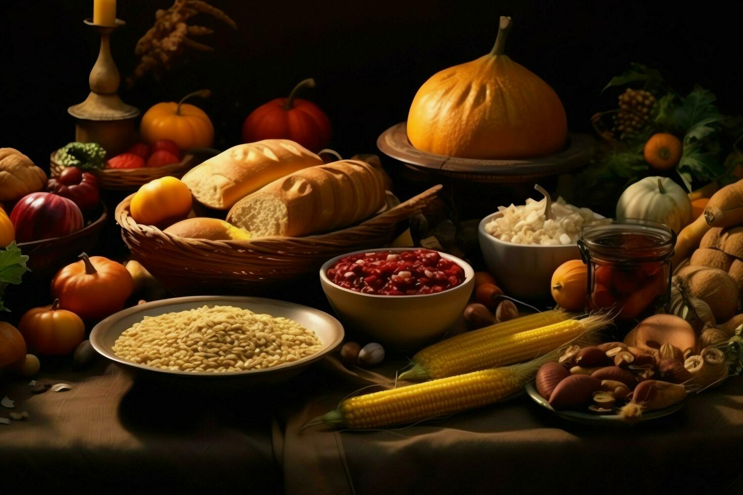 Thanksgiving day or autumn composition with pumpkin, oranges, leaves or chicken. Thanksgiving food concept by AI Generated photo