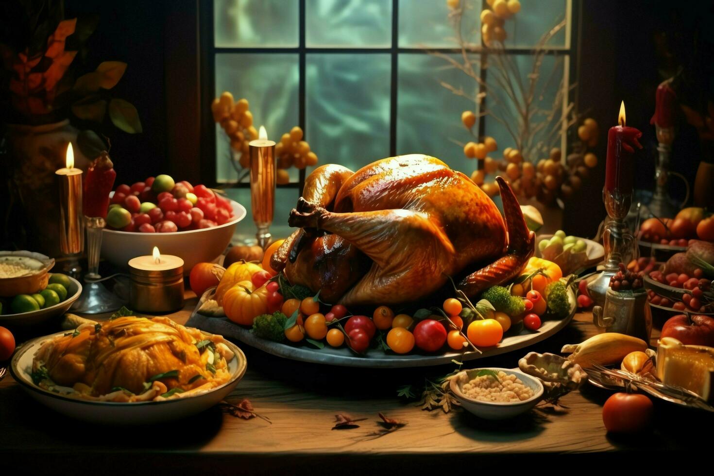 Thanksgiving day or autumn composition with pumpkin, oranges, leaves or chicken. Thanksgiving food concept by AI Generated photo