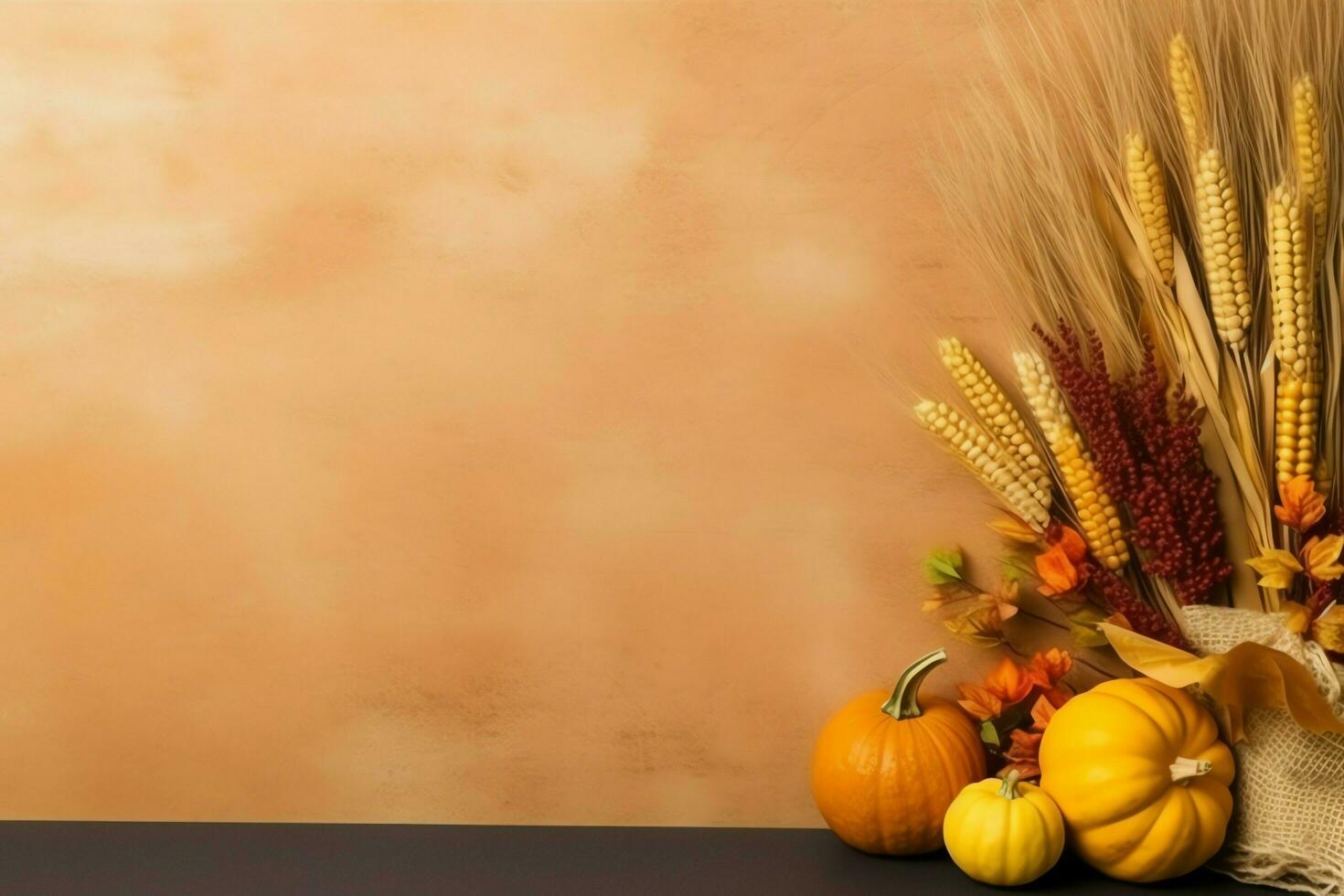 Thanksgiving day or autumn composition with pumpkin, oranges, leaves or chicken. Thanksgiving food concept by AI Generated photo