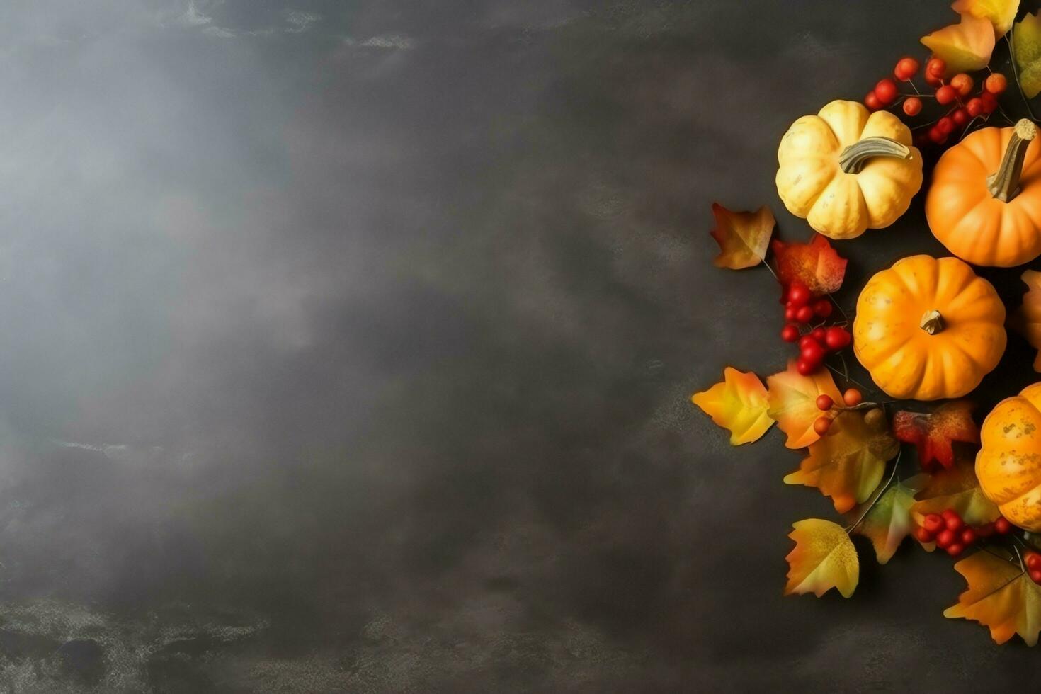 Thanksgiving day or autumn composition with pumpkin, oranges, leaves or chicken. Thanksgiving food concept by AI Generated photo