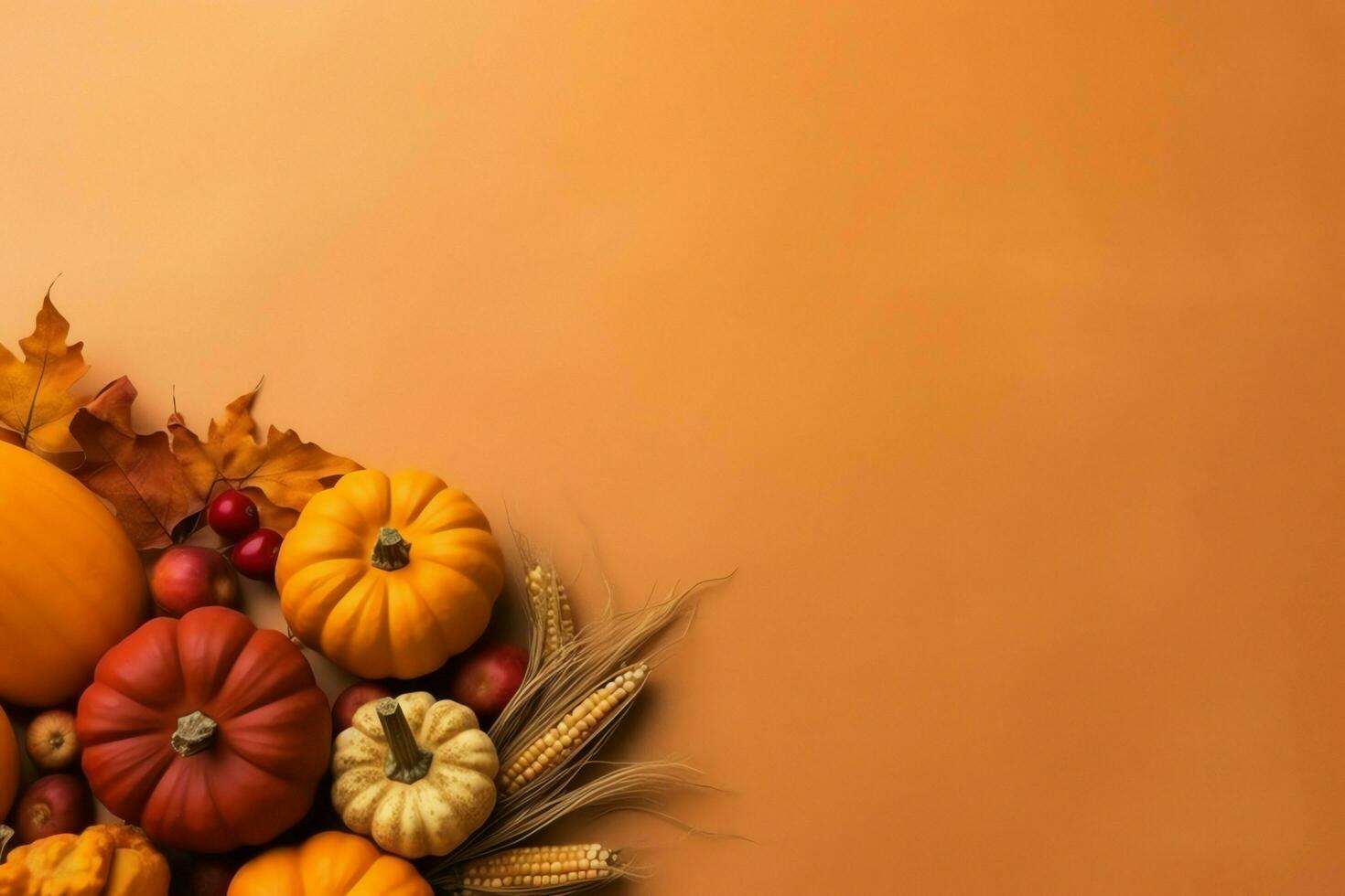 Thanksgiving day or autumn composition with pumpkin, oranges, leaves or chicken. Thanksgiving food concept by AI Generated photo