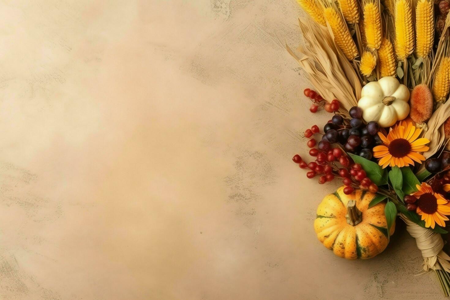 Thanksgiving day or autumn composition with pumpkin, oranges, leaves or chicken. Thanksgiving food concept by AI Generated photo