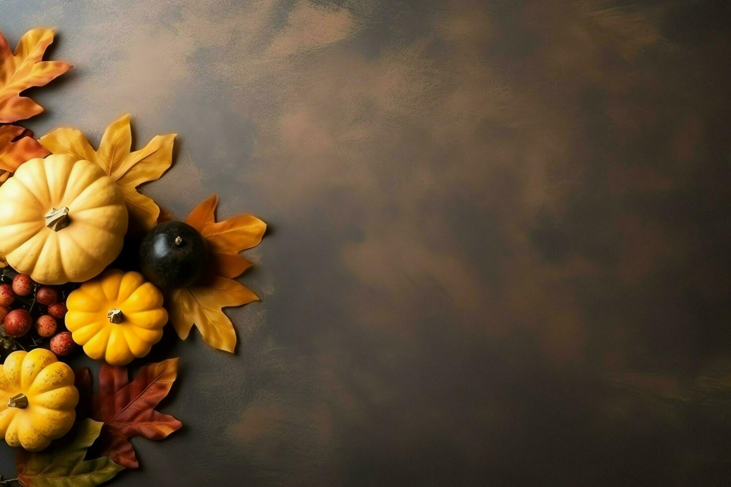 Thanksgiving day or autumn composition with pumpkin, oranges, leaves or chicken. Thanksgiving food concept by AI Generated photo