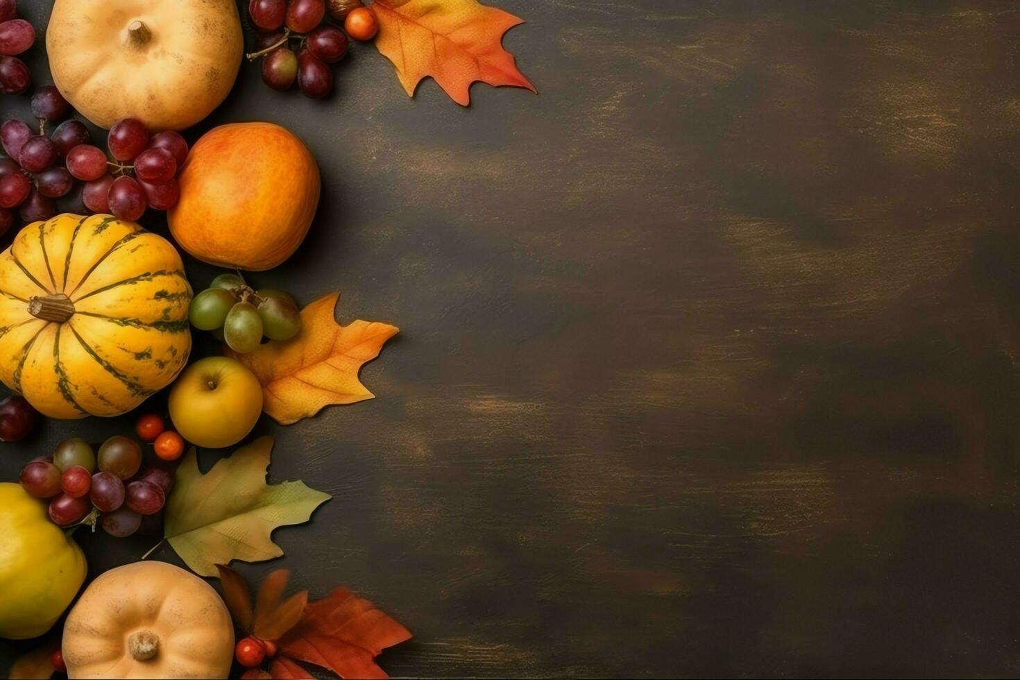 Thanksgiving day or autumn composition with pumpkin, oranges, leaves or chicken. Thanksgiving food concept by AI Generated photo