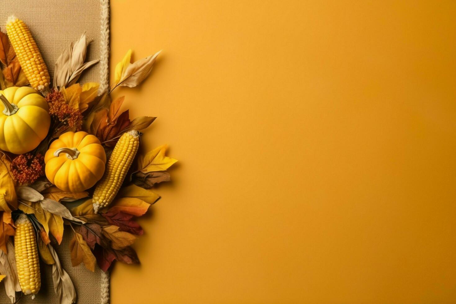 Thanksgiving day or autumn composition with pumpkin, oranges, leaves or chicken. Thanksgiving food concept by AI Generated photo