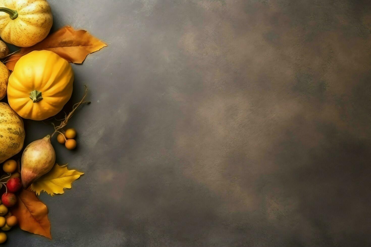 Thanksgiving day or autumn composition with pumpkin, oranges, leaves or chicken. Thanksgiving food concept by AI Generated photo
