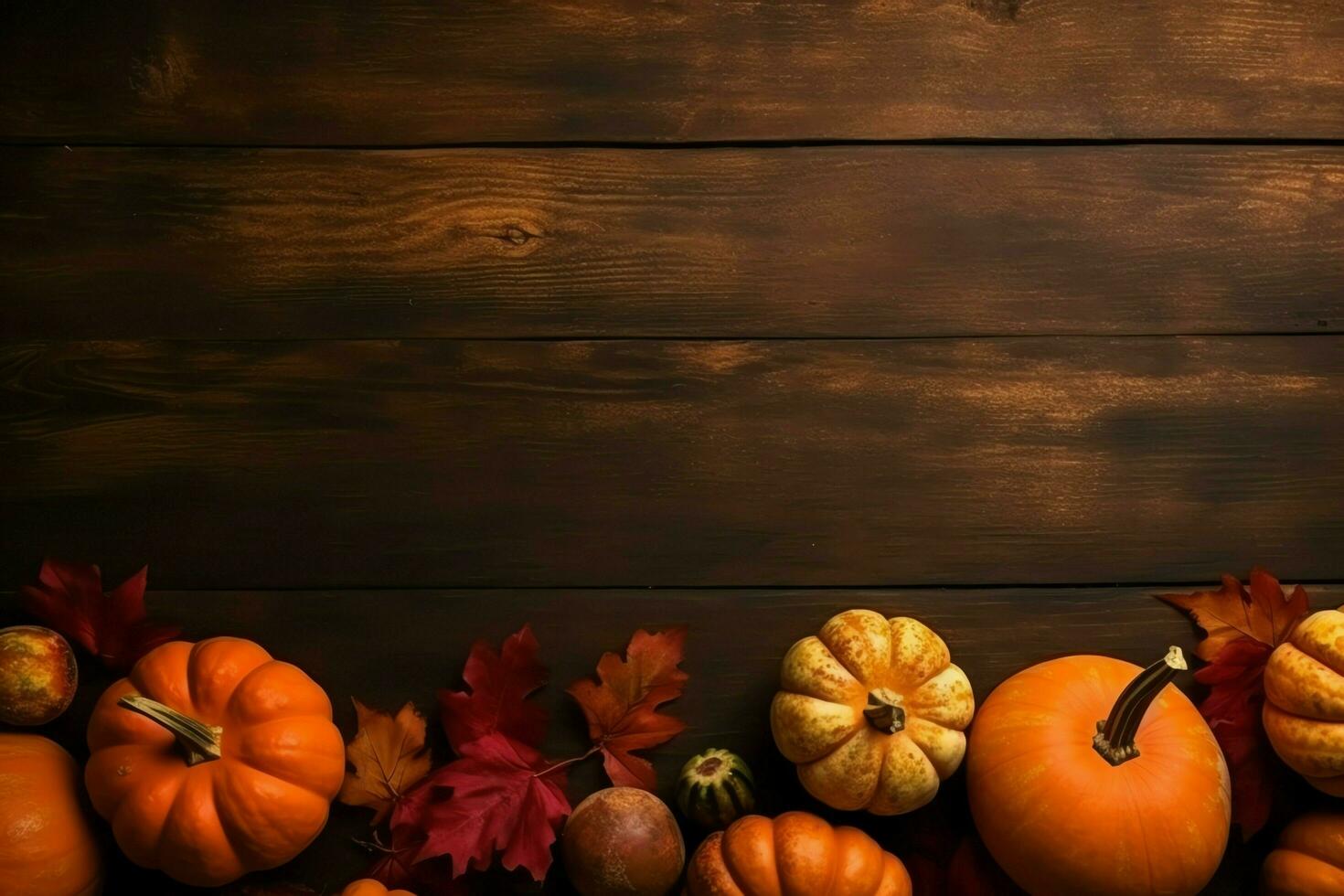 Thanksgiving day or autumn composition with pumpkin, oranges, leaves or chicken. Thanksgiving food concept by AI Generated photo