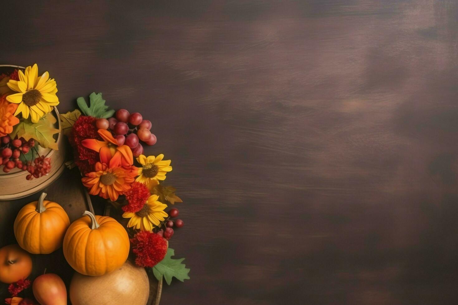 Thanksgiving day or autumn composition with pumpkin, oranges, leaves or chicken. Thanksgiving food concept by AI Generated photo