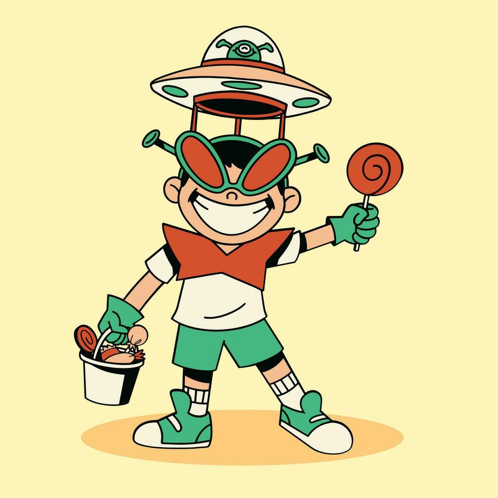 Cute boy wearing alien costume trick or treat party vector