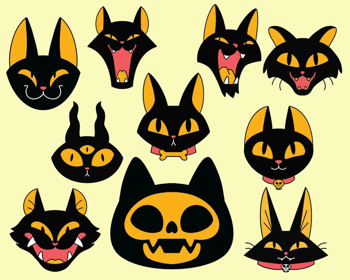 negro gato cabeza dibujos animados vector conjunto