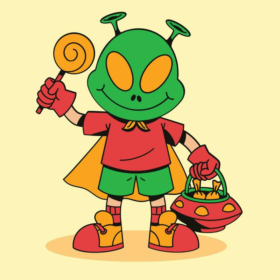 linda niño vistiendo extraterrestre máscara para Víspera de Todos los Santos fiesta dibujos animados ilustración vector