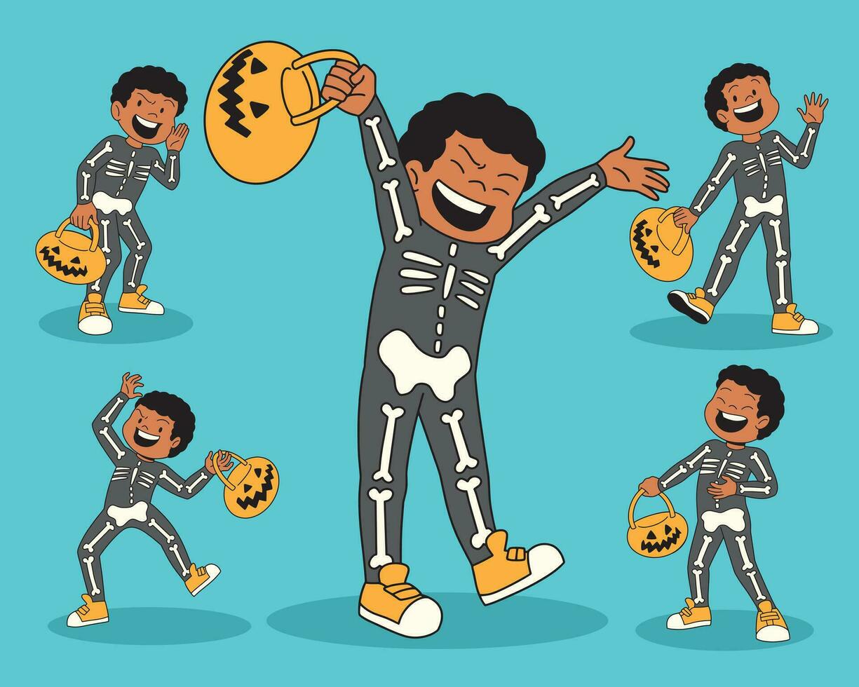 chico vistiendo esqueleto Víspera de Todos los Santos disfraz dibujos animados personaje vector