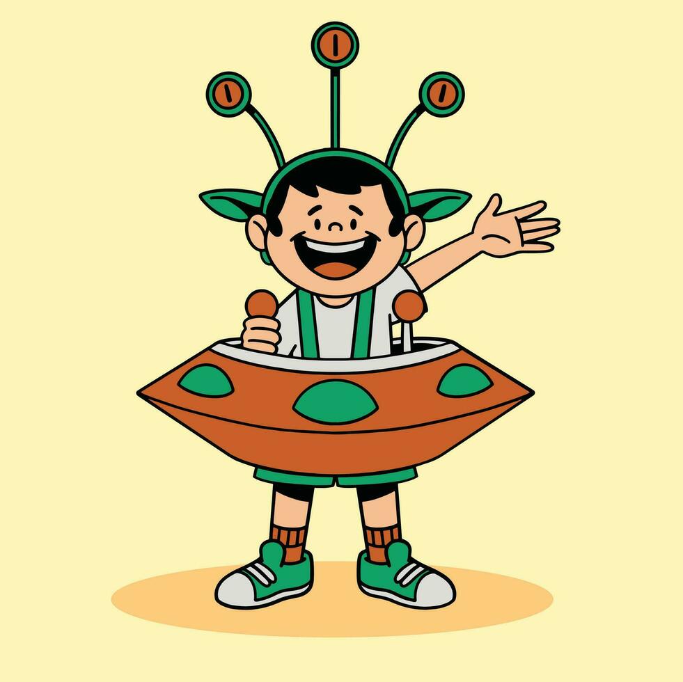 linda chico vistiendo OVNI disfraz para Víspera de Todos los Santos fiesta dibujos animados personaje vector