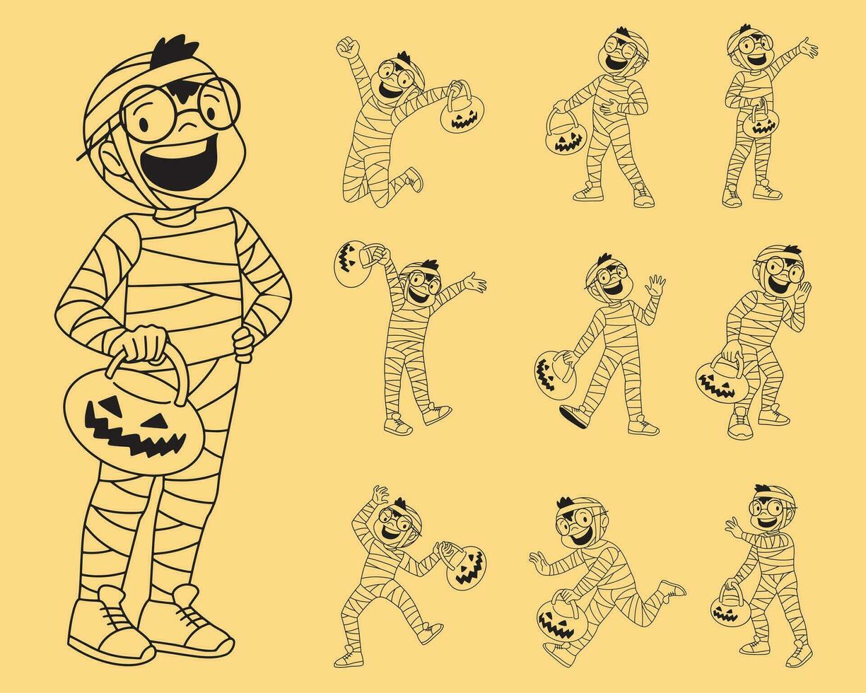 Boy wearing mummy costume character outline vector