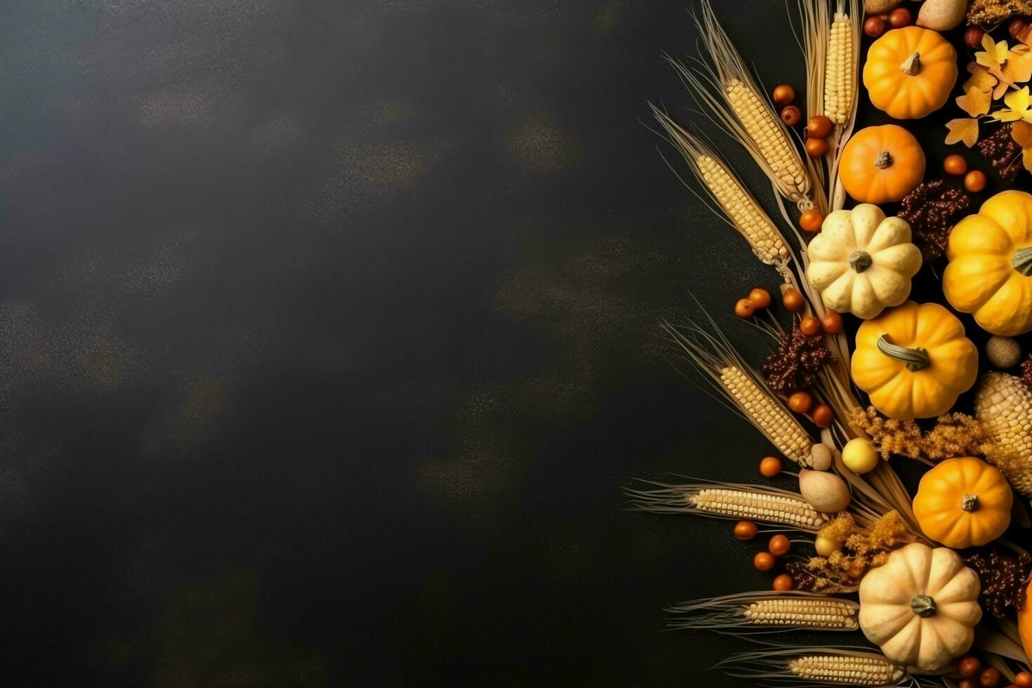 Thanksgiving day or autumn composition with pumpkin, oranges, leaves or chicken. Thanksgiving food concept by AI Generated photo