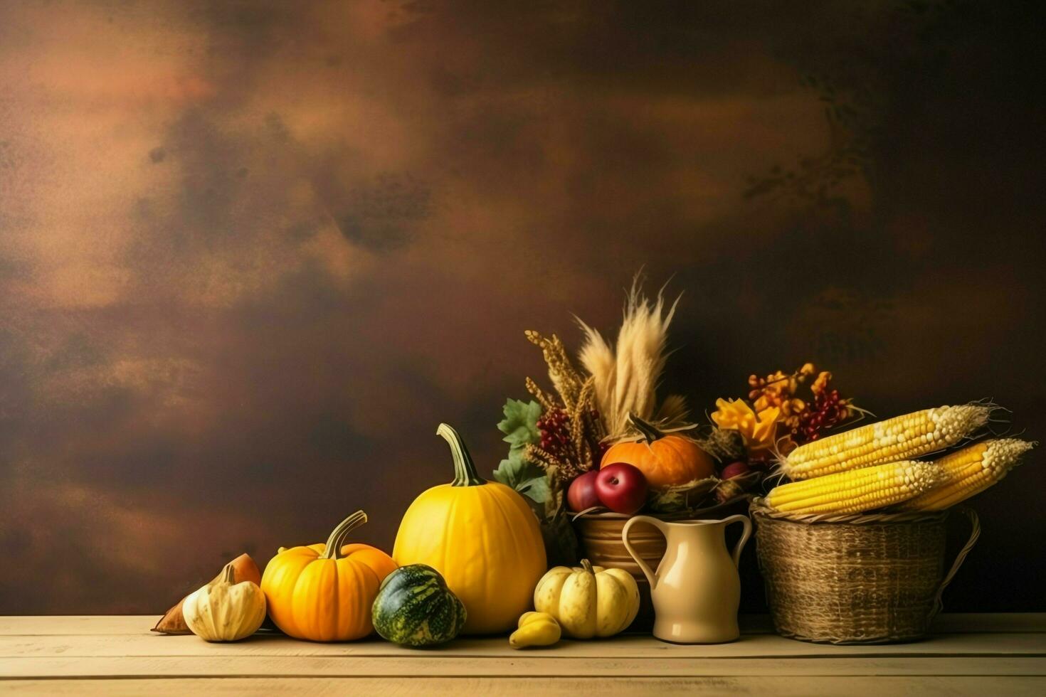 Thanksgiving day or autumn composition with pumpkin, oranges, leaves or chicken. Thanksgiving food concept by AI Generated photo