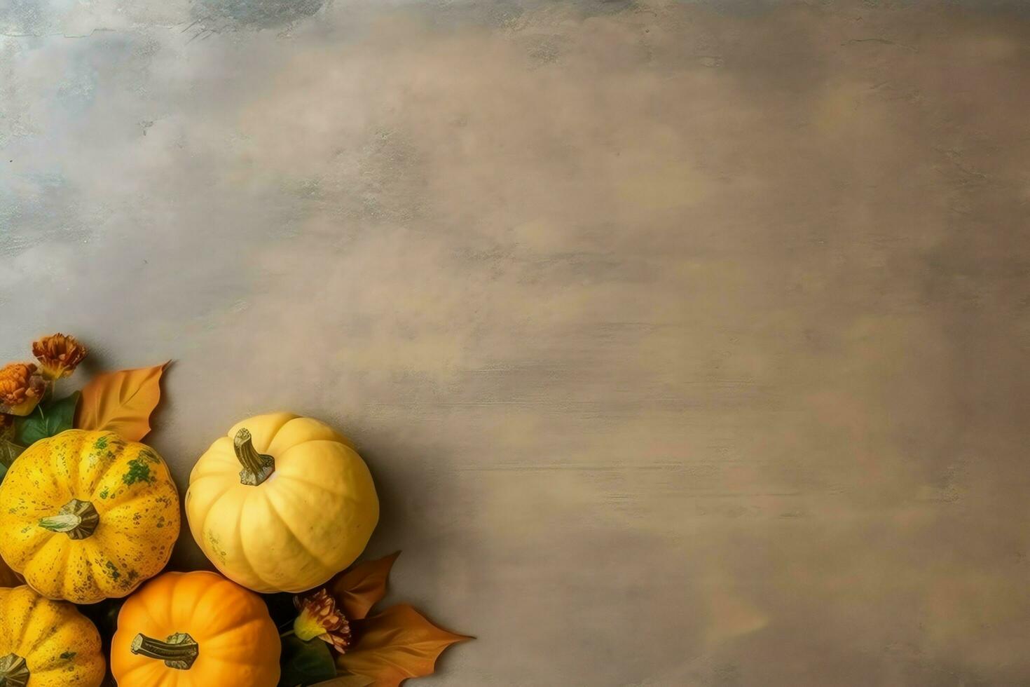 Thanksgiving day or autumn composition with pumpkin, oranges, leaves or chicken. Thanksgiving food concept by AI Generated photo
