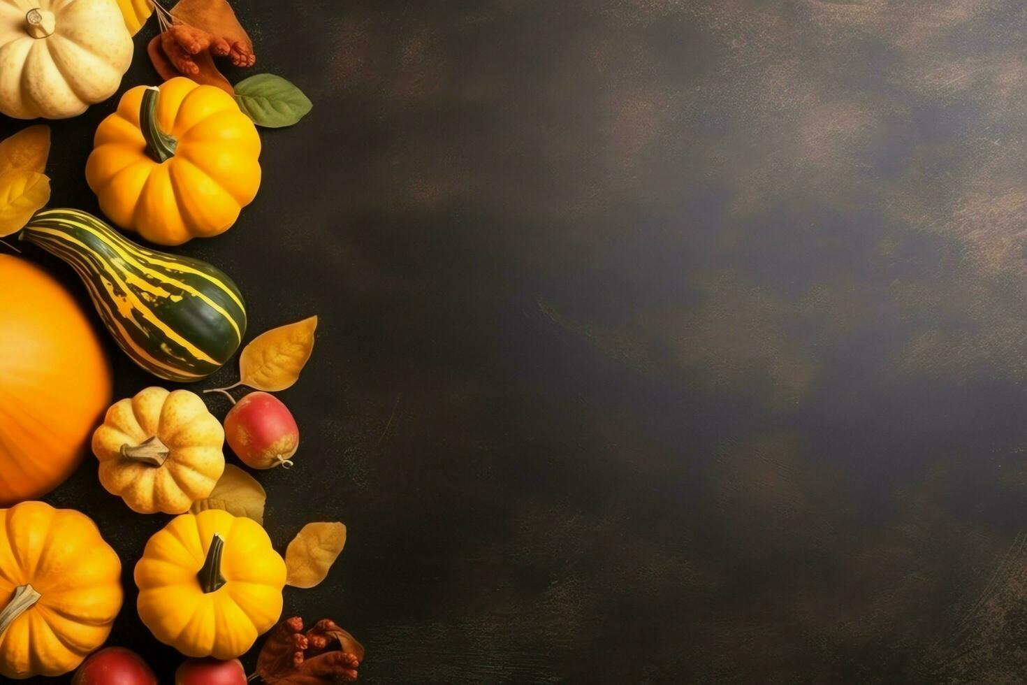 Thanksgiving day or autumn composition with pumpkin, oranges, leaves or chicken. Thanksgiving food concept by AI Generated photo