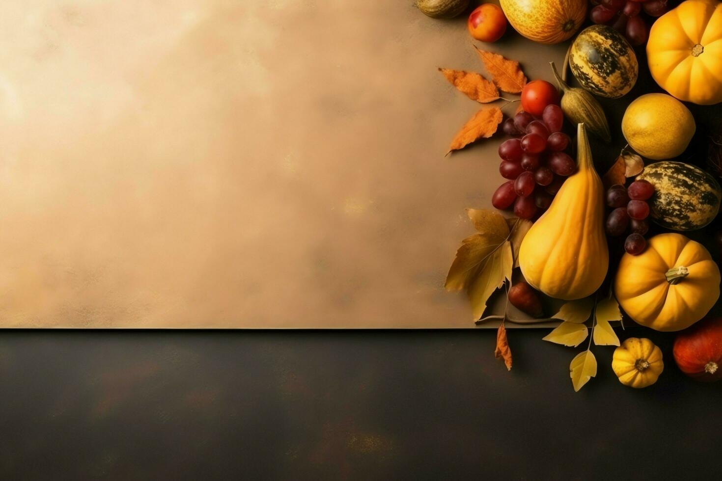 Thanksgiving day or autumn composition with pumpkin, oranges, leaves or chicken. Thanksgiving food concept by AI Generated photo