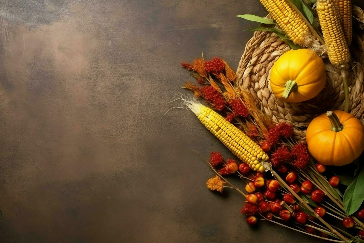 Thanksgiving day or autumn composition with pumpkin, oranges, leaves or chicken. Thanksgiving food concept by AI Generated photo