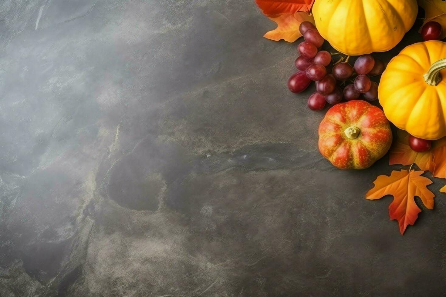Thanksgiving day or autumn composition with pumpkin, oranges, leaves or chicken. Thanksgiving food concept by AI Generated photo