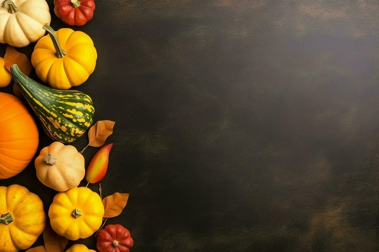 Thanksgiving day or autumn composition with pumpkin, oranges, leaves or chicken. Thanksgiving food concept by AI Generated photo