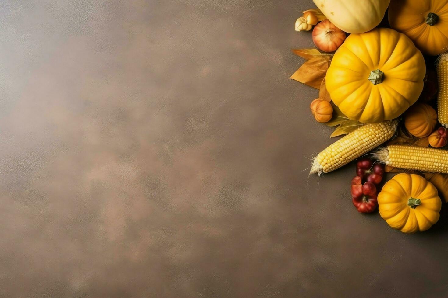 Thanksgiving day or autumn composition with pumpkin, oranges, leaves or chicken. Thanksgiving food concept by AI Generated photo