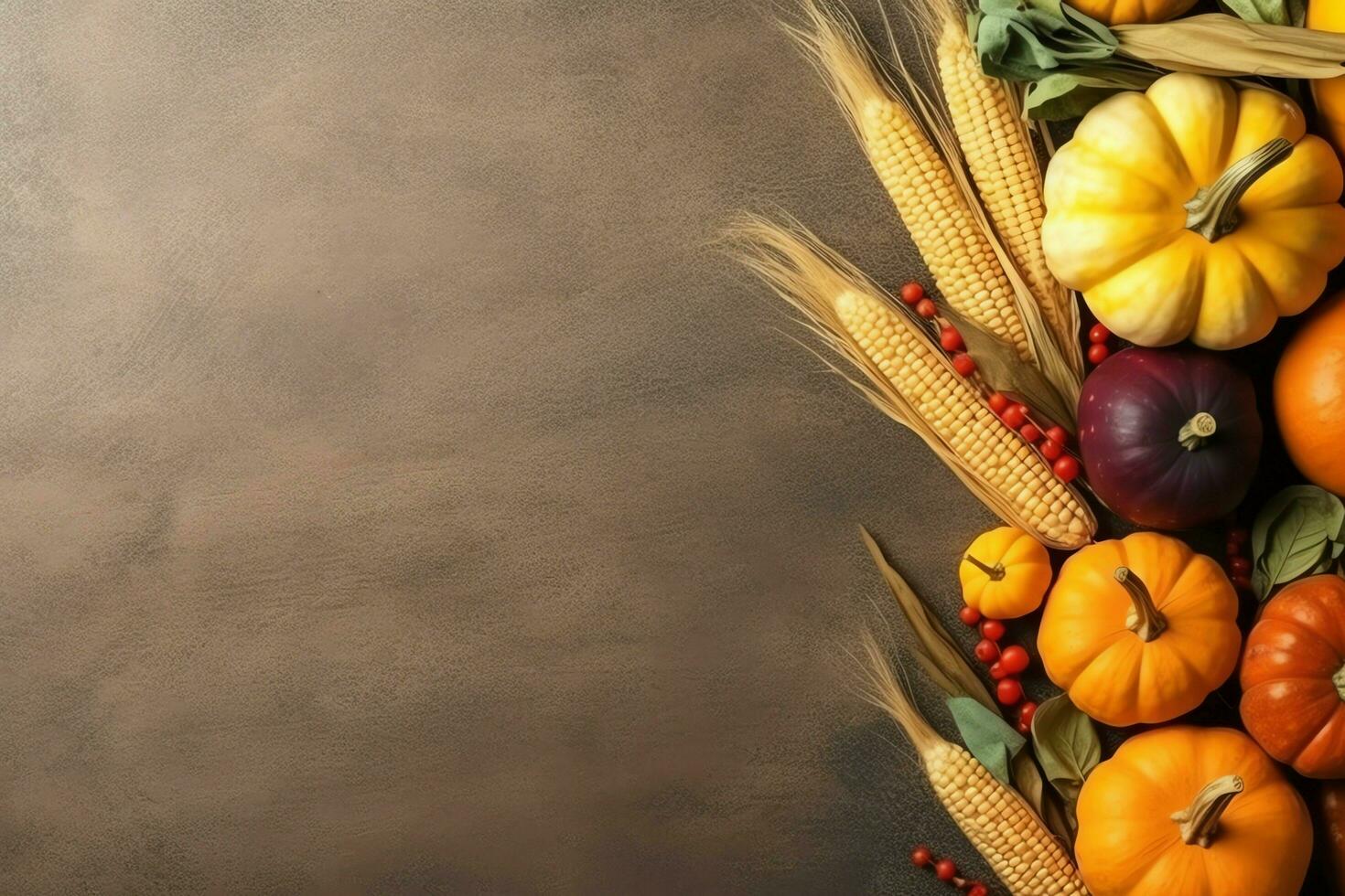 Thanksgiving day or autumn composition with pumpkin, oranges, leaves or chicken. Thanksgiving food concept by AI Generated photo