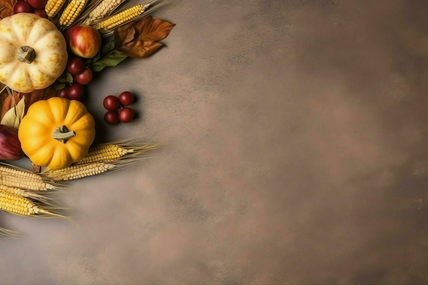 Thanksgiving day or autumn composition with pumpkin, oranges, leaves or chicken. Thanksgiving food concept by AI Generated photo