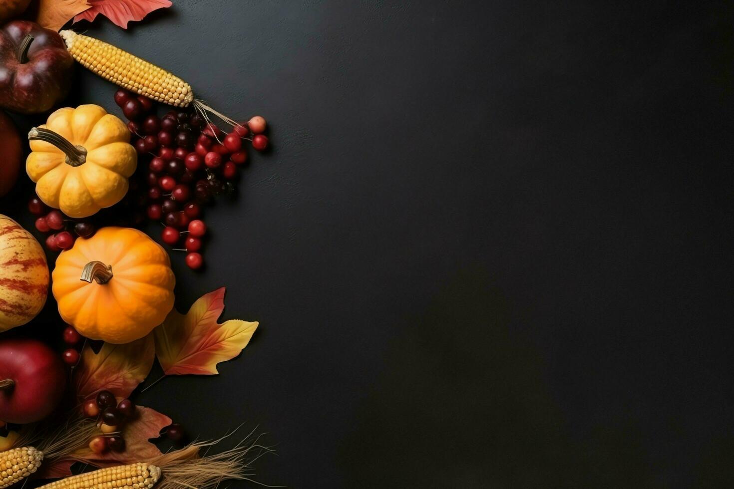 Thanksgiving day or autumn composition with pumpkin, oranges, leaves or chicken. Thanksgiving food concept by AI Generated photo