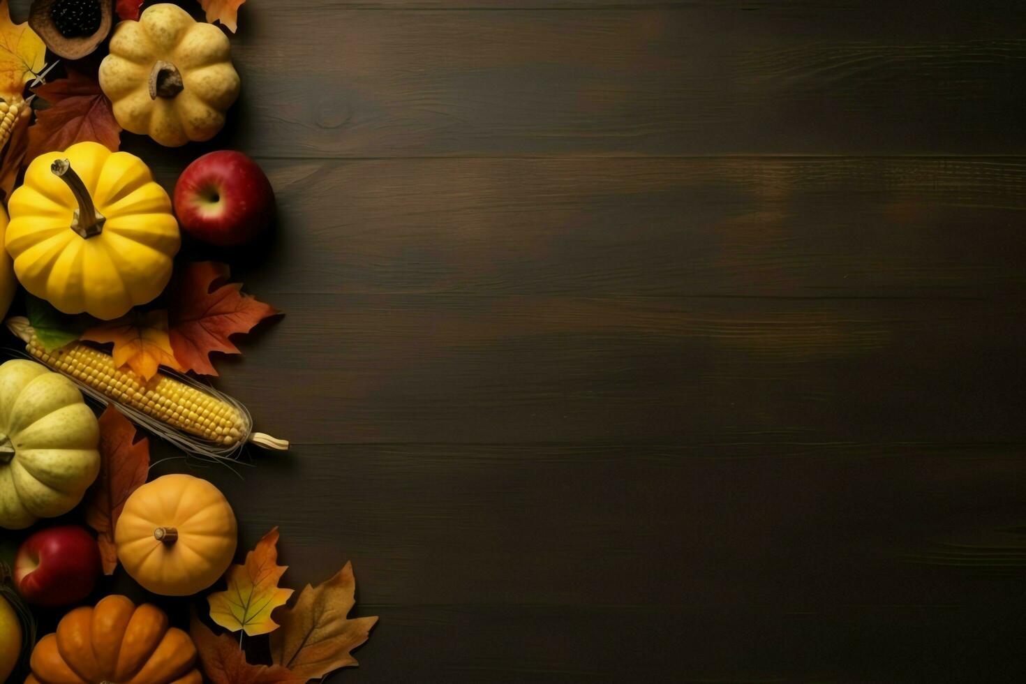 Thanksgiving day or autumn composition with pumpkin, oranges, leaves or chicken. Thanksgiving food concept by AI Generated photo
