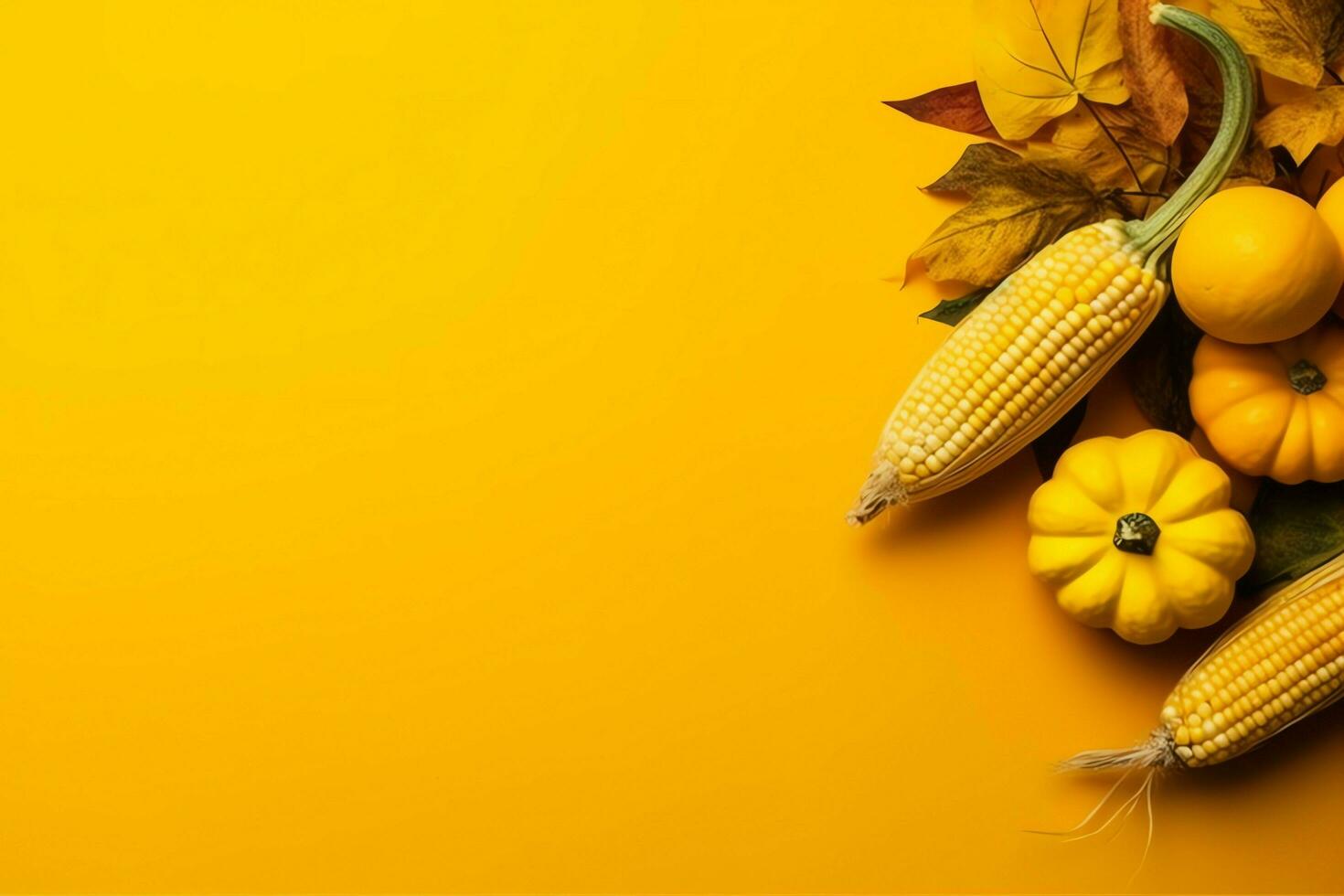 Thanksgiving day or autumn composition with pumpkin, oranges, leaves or chicken. Thanksgiving food concept by AI Generated photo